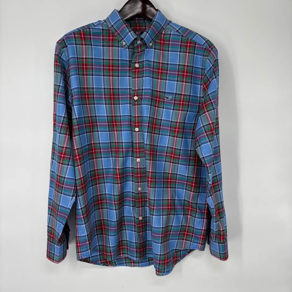 Vineyard Vines Mens Classic Fit Tucker Shirt Blue Plaid Cotton Button Down L